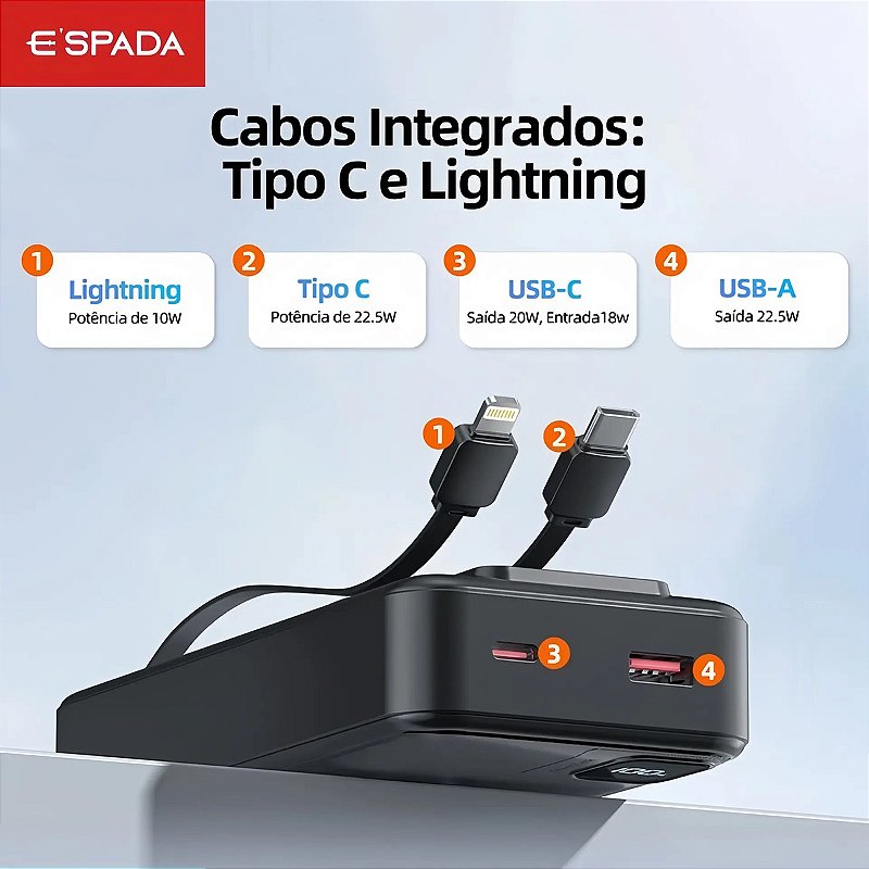 Carregador Power Bank Turbo 22.5W Portátil 20000mAh Universal Saída 2 Cabos Tipo-C E Lightning Espada BTE-37E