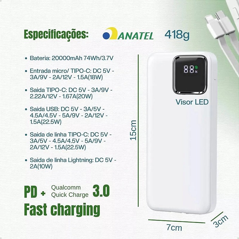 Carregador Power Bank Turbo 22.5W Portátil 20000mAh Universal Saída 2 Cabos Tipo-C E Lightning Espada BTE-37E
