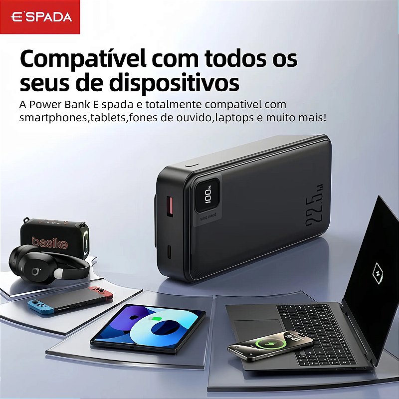Carregador Power Bank Turbo 22.5W Portátil 20000mAh Universal Saída 2 Cabos Tipo-C E Lightning Espada BTE-37E