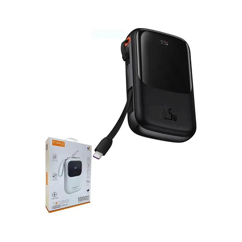 Power Bank αGOLD Pro 10000mAh 22.5W Turbo Carregamento Rápido com Display Digital e Cabo Integrado - ALFA GOLD