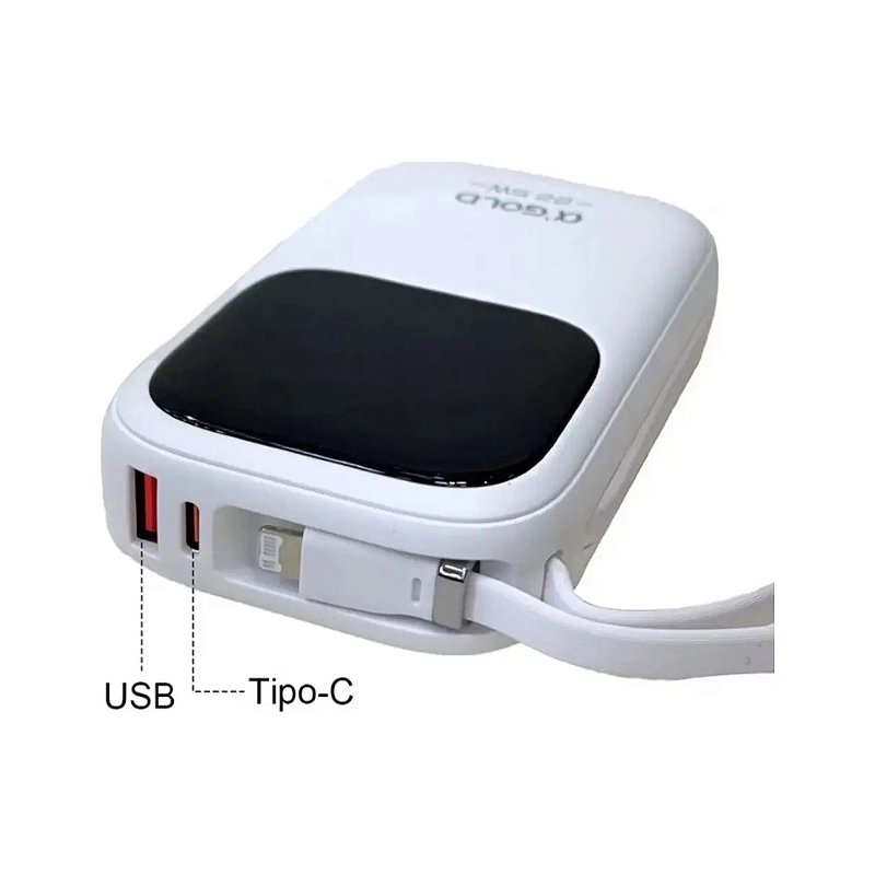 Power Bank αGOLD Pro 10000mAh 22.5W Turbo Carregamento Rápido com Display Digital e Cabo Integrado - ALFA GOLD