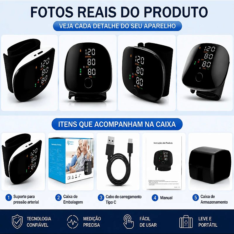 Aparelho Medidor De Pressão Digital Pulso Recarregável USB-C Intelli System Rohs