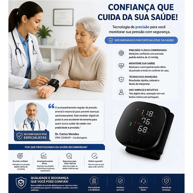 Aparelho Medidor De Pressão Digital Pulso Recarregável USB-C Intelli System Rohs
