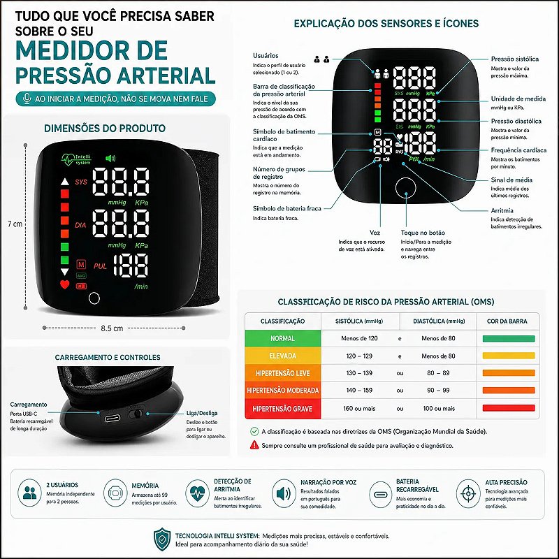Aparelho Medidor De Pressão Digital Pulso Recarregável USB-C Intelli System Rohs