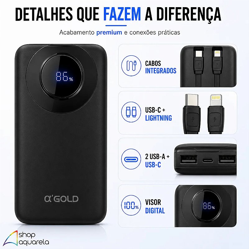 Power Bank Rápido Carregador Portátil A’Gold Pro BTE08A 10000mah Com 2 Cabos 3.1A