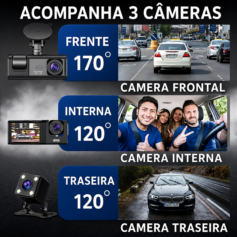Câmera Interna para Veículo KAPBOM KA-2490 com Gravador de Três Lentes HD
