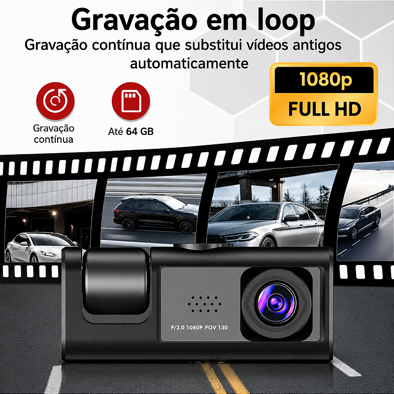 Câmera Interna para Veículo KAPBOM KA-2490 com Gravador de Três Lentes HD