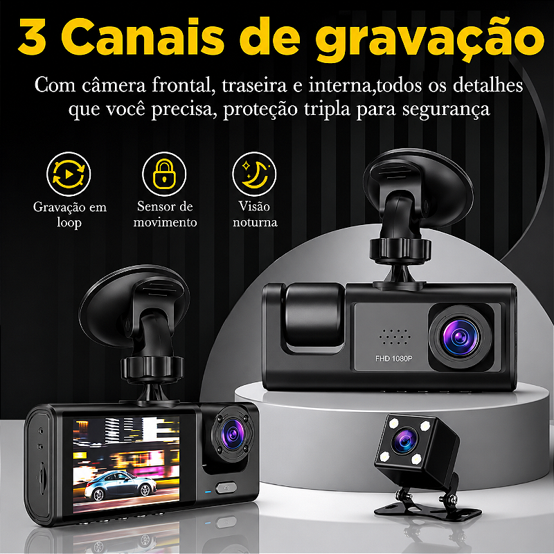 Câmera Interna para Veículo KAPBOM KA-2490 com Gravador de Três Lentes HD