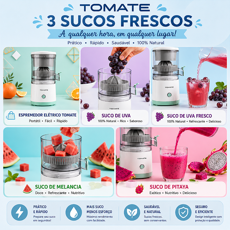 Espremedor Elétrico Portátil Tomate MAZ-103 45W Recarregável USB-C 500ML