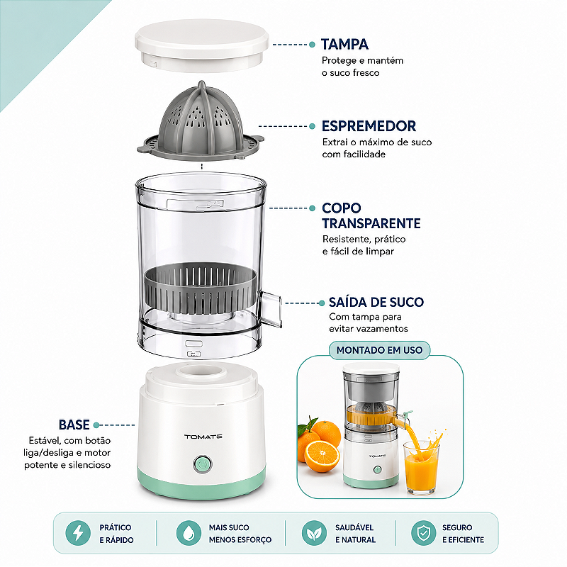 Espremedor Elétrico Portátil Tomate MAZ-103 45W Recarregável USB-C 500ML
