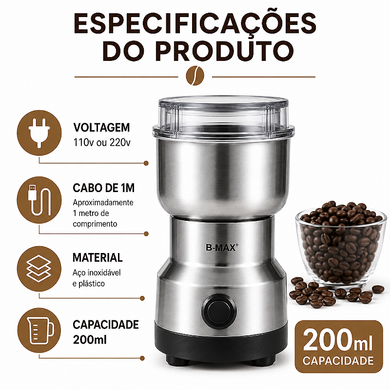 Moedor Café Triturador Processador Grãos Inox Elétrico BMAX BM-F3402