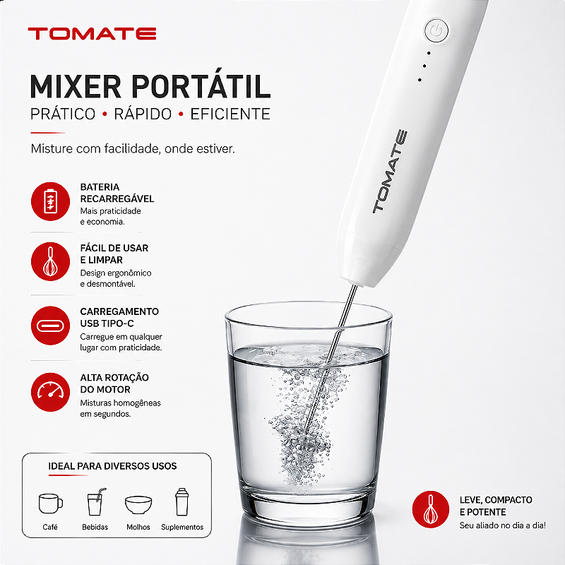 Mixer Portátil Tomate SRQ-003 Branco 3 Velocidades USB