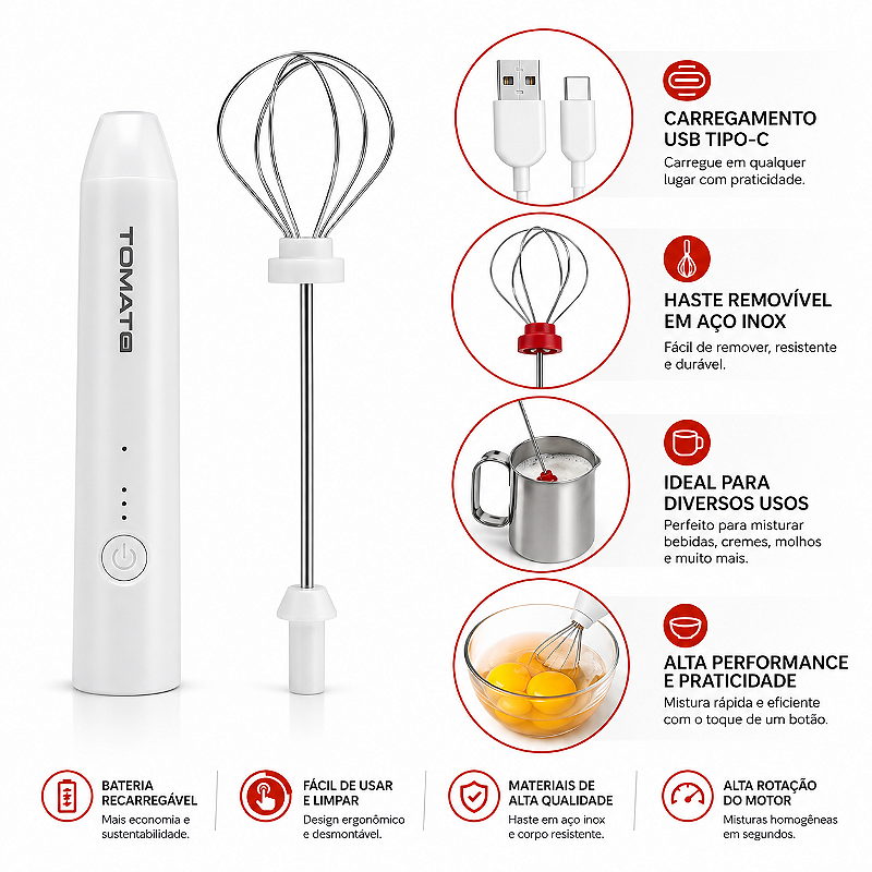 Mixer Portátil Tomate SRQ-003 Branco 3 Velocidades USB