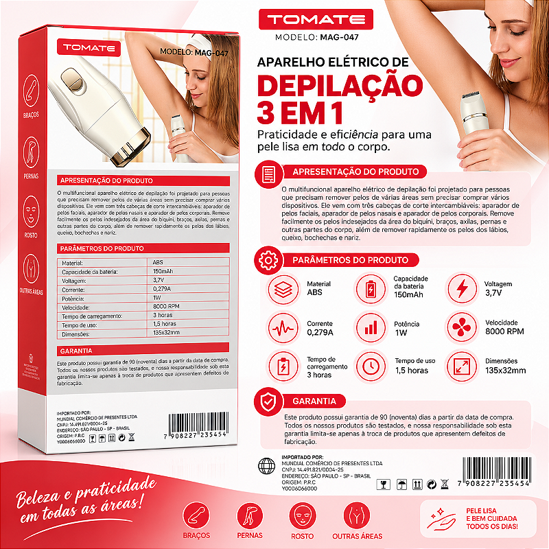 Aparelho Elétrico de Depilação 3 em 1 TOMATE MAG-047