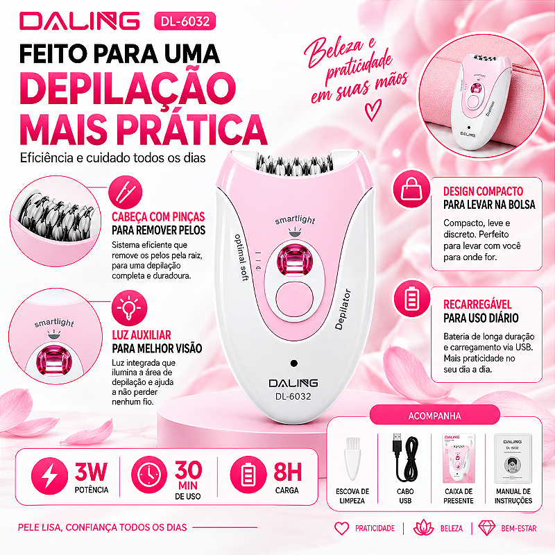 Depilador Elétrico Recarregável com Luz LED Daling SoftGlow DL-6032