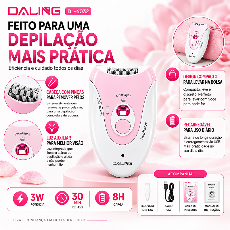 Depilador Elétrico Recarregável com Luz LED Daling SoftGlow DL-6032
