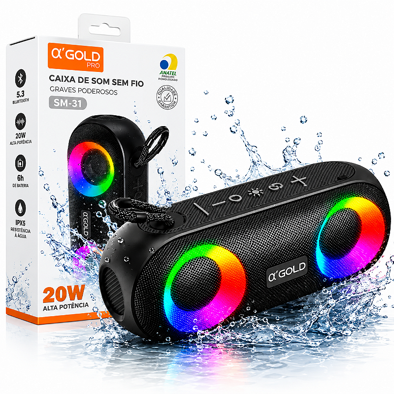 Caixa De Som A'gold SM-31 Bluetooth 20W RGB IPX6