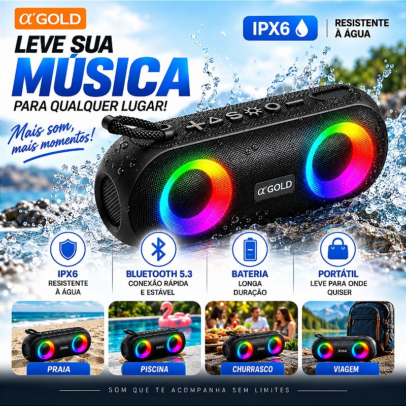 Caixa De Som A'gold SM-31 Bluetooth 20W RGB IPX6
