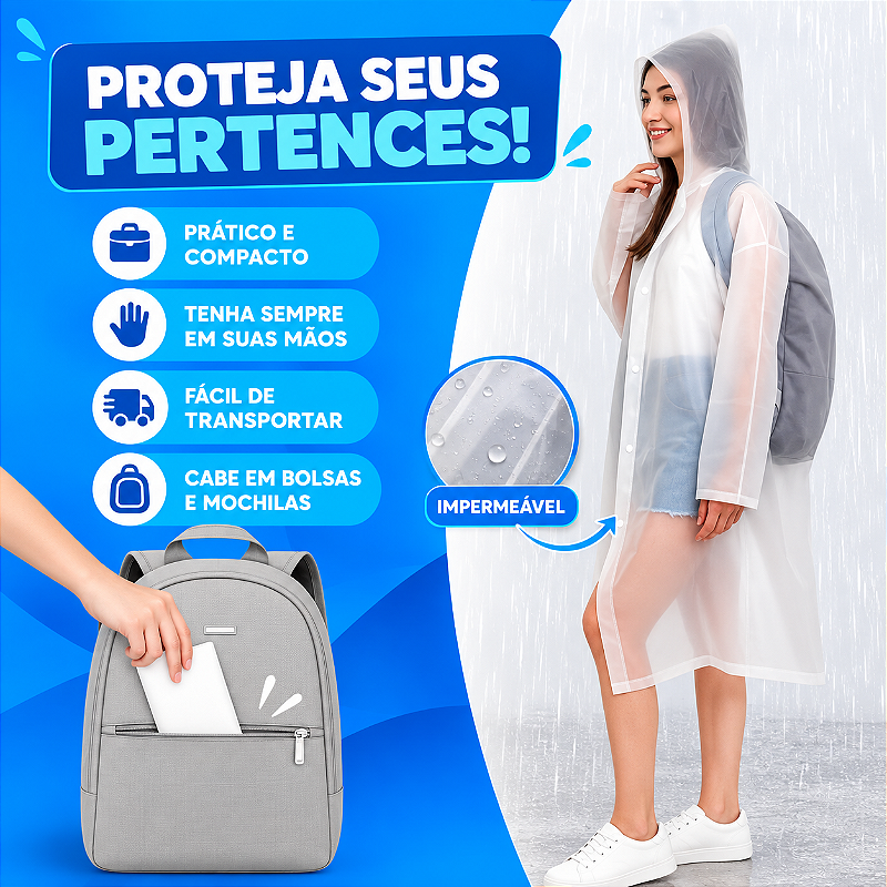 Capa De Chuva Capuz Reforçada PVC Transparente Resistente KAPBOM KA-Y37