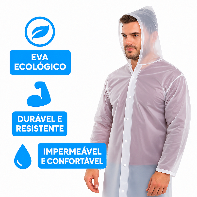Capa De Chuva Capuz Reforçada PVC Transparente Resistente KAPBOM KA-Y37