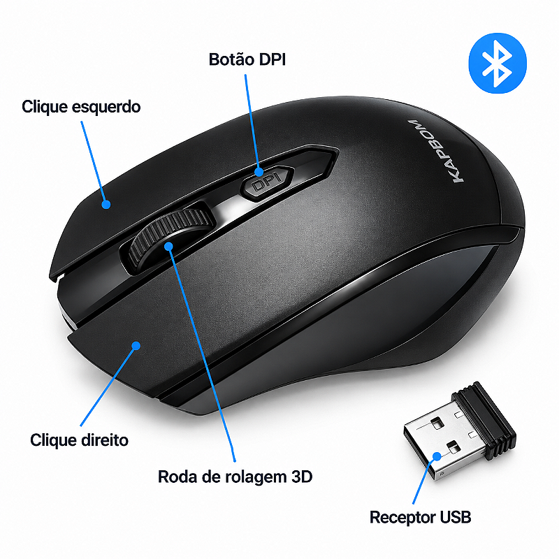 Mouse Sem Fio Gamer KAPBOM KA-612 Óptico Recarregável Preto Bluetooth