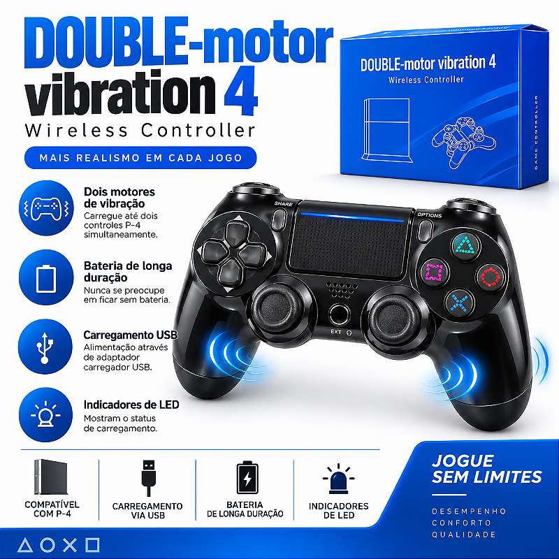 Controle Sem Fio para PS4 Double Motor Vibration 4 Bluetooth com Vibração, Touchpad e LED – Preto