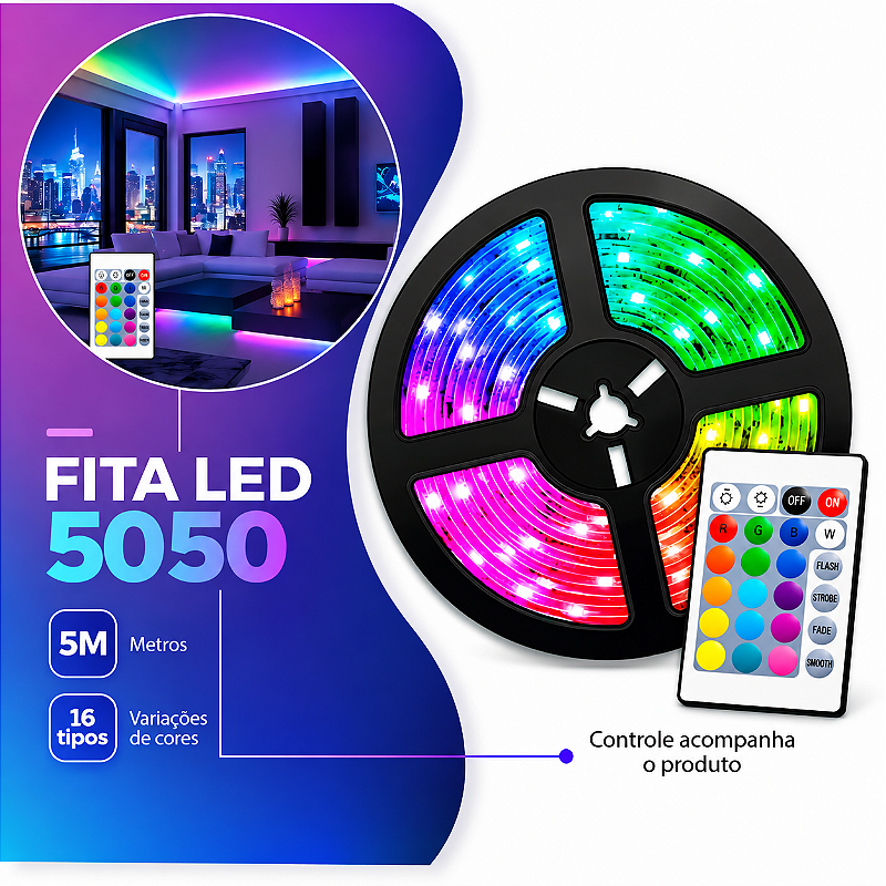 Fita Led RGB Rolo 5METROS + Controle + Fonte ALTOMEX AL-5050SK-5