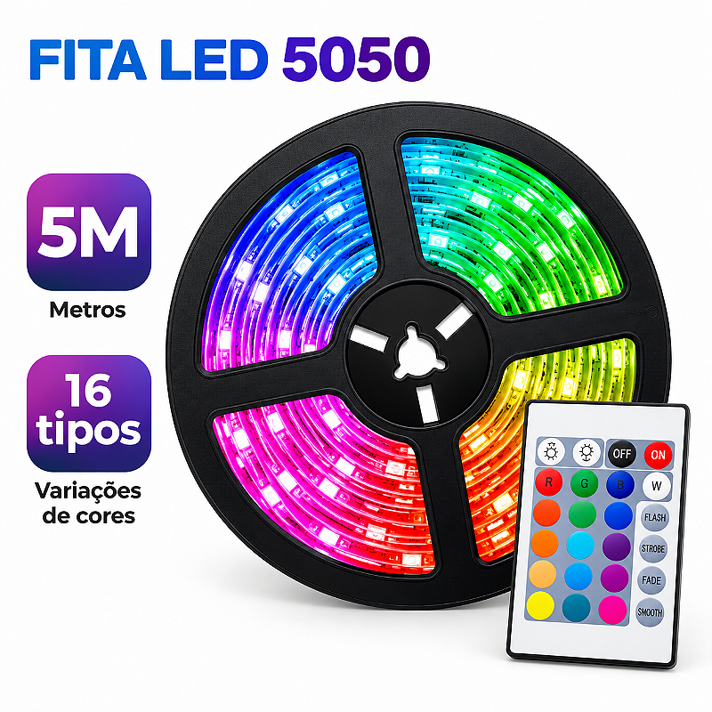 Fita Led RGB Rolo 5METROS + Controle + Fonte ALTOMEX AL-5050SK-5