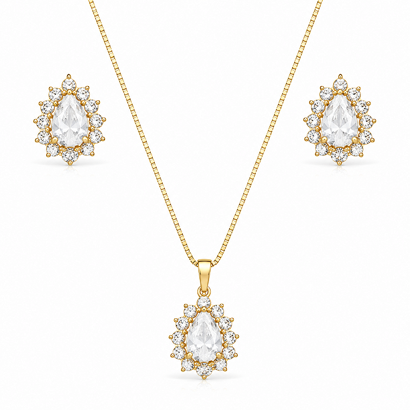 Conjunto Gota Folheado a Ouro com Zircônias