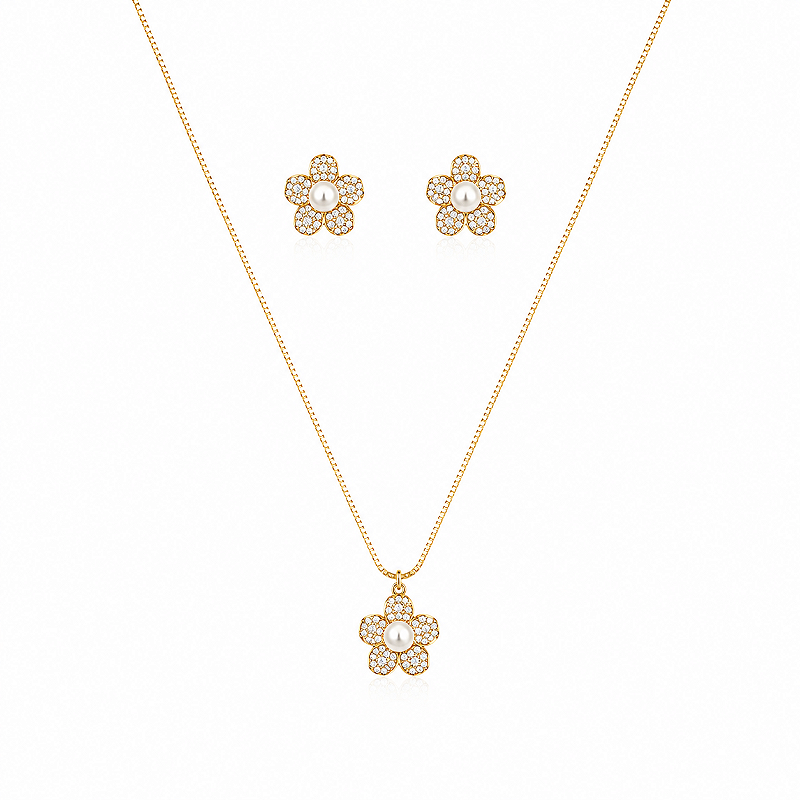 Conjunto Flor com Pérola Folheado a Ouro