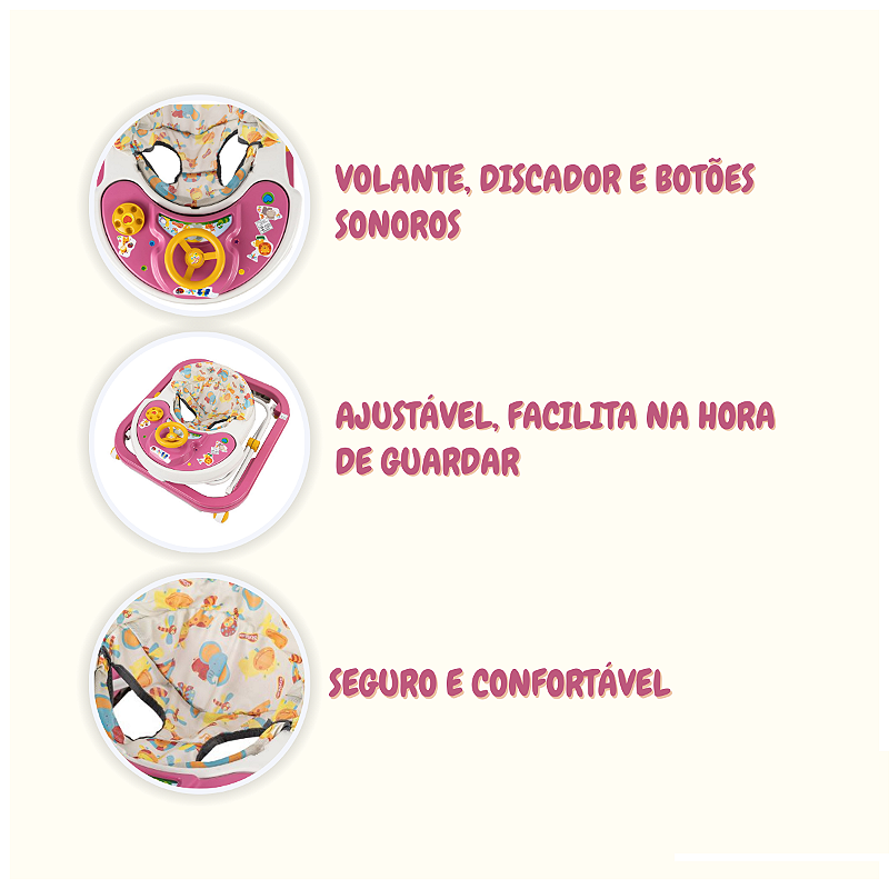 Andador Bebê Infantil Musical Sonoro Rosa Primeiros Passos