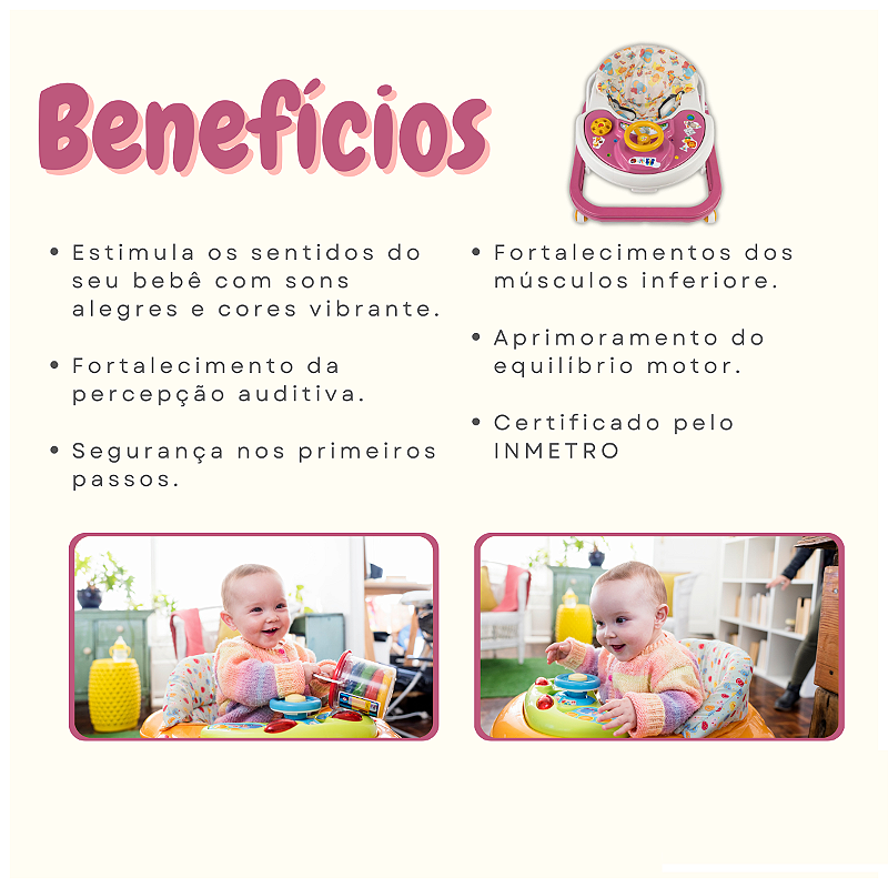 Andador Bebê Infantil Musical Sonoro Rosa Primeiros Passos