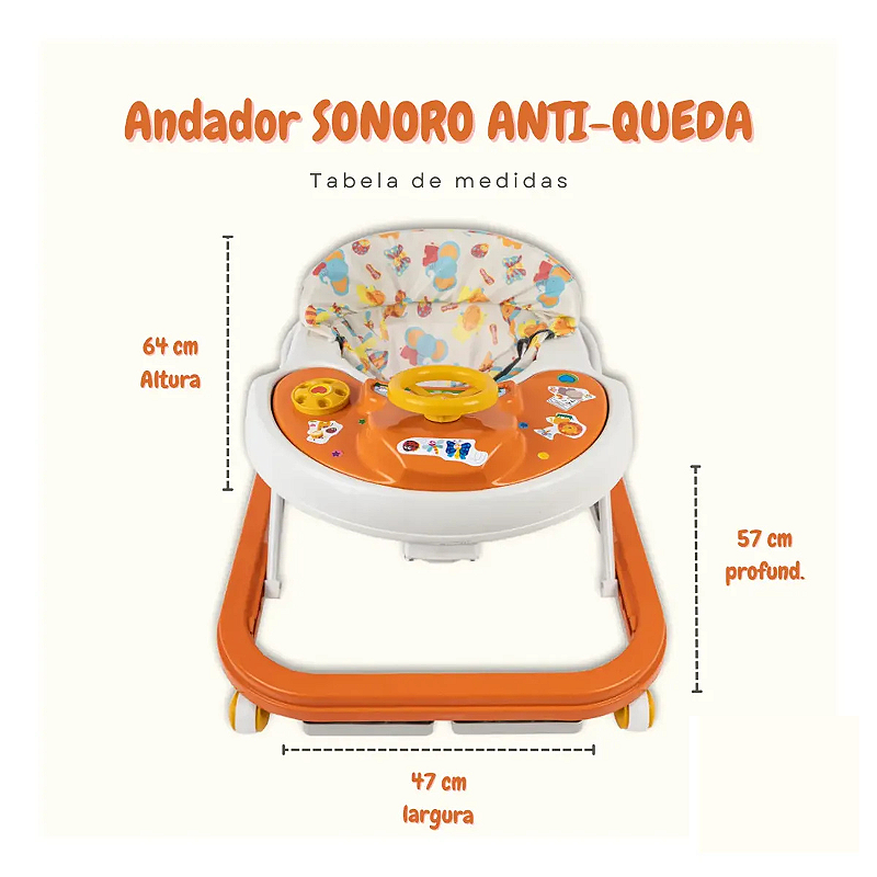 Andador Bebê Infantil Sonoro Laranja Primeiros Passos