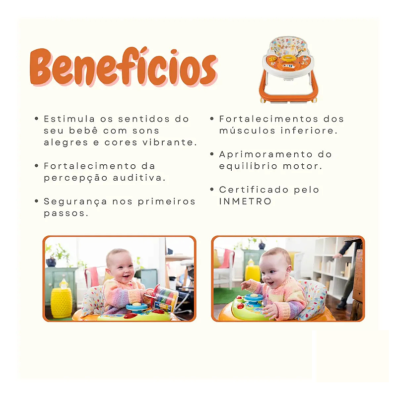 Andador Bebê Infantil Sonoro Laranja Primeiros Passos
