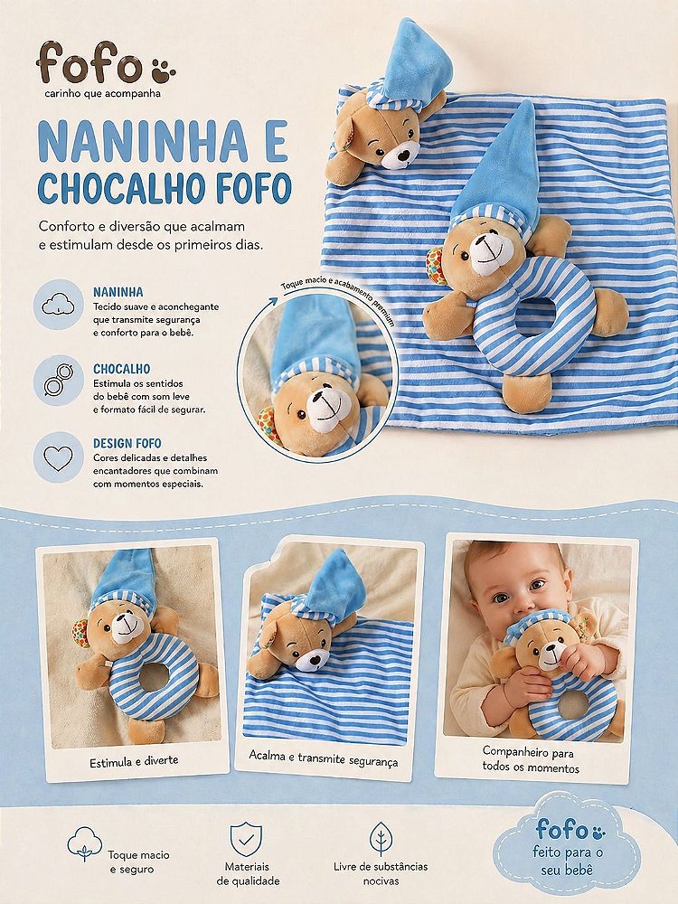 Naninha Pelúcia Para Bebê Com Chocalho Urso Love