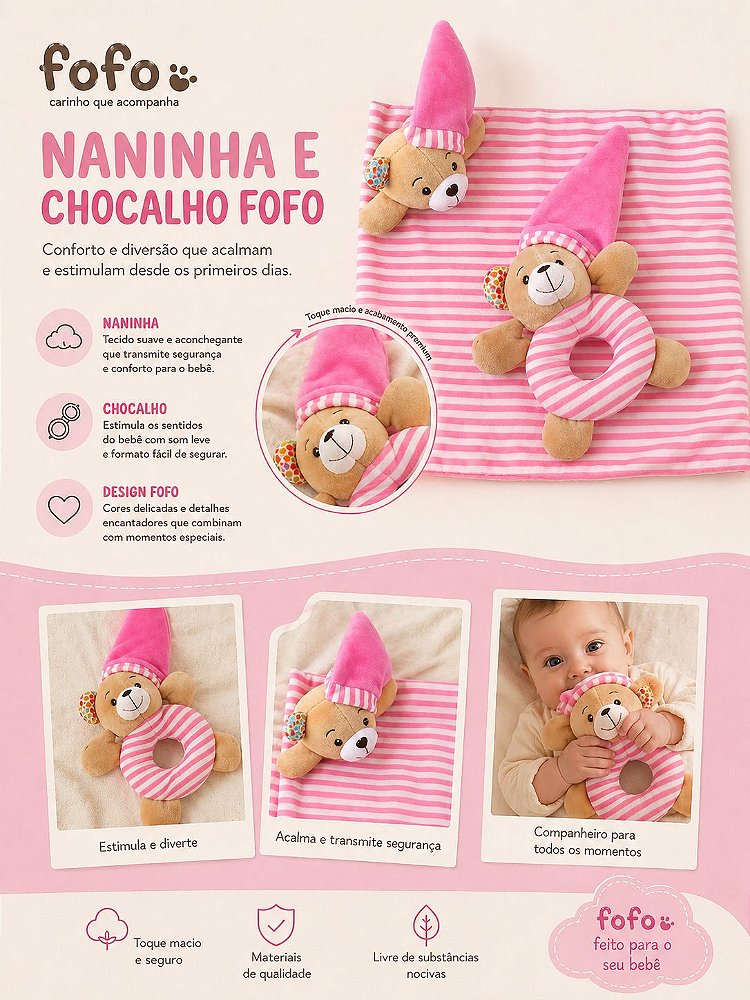 Naninha Pelúcia Para Bebê Com Chocalho Urso Love
