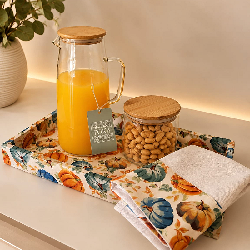 KIT REFRESCO ABÓBORA - COM JARRA, POTE HERMÉTICO TAMPA BAMBU E PANO DE COPA| 4 PEÇAS