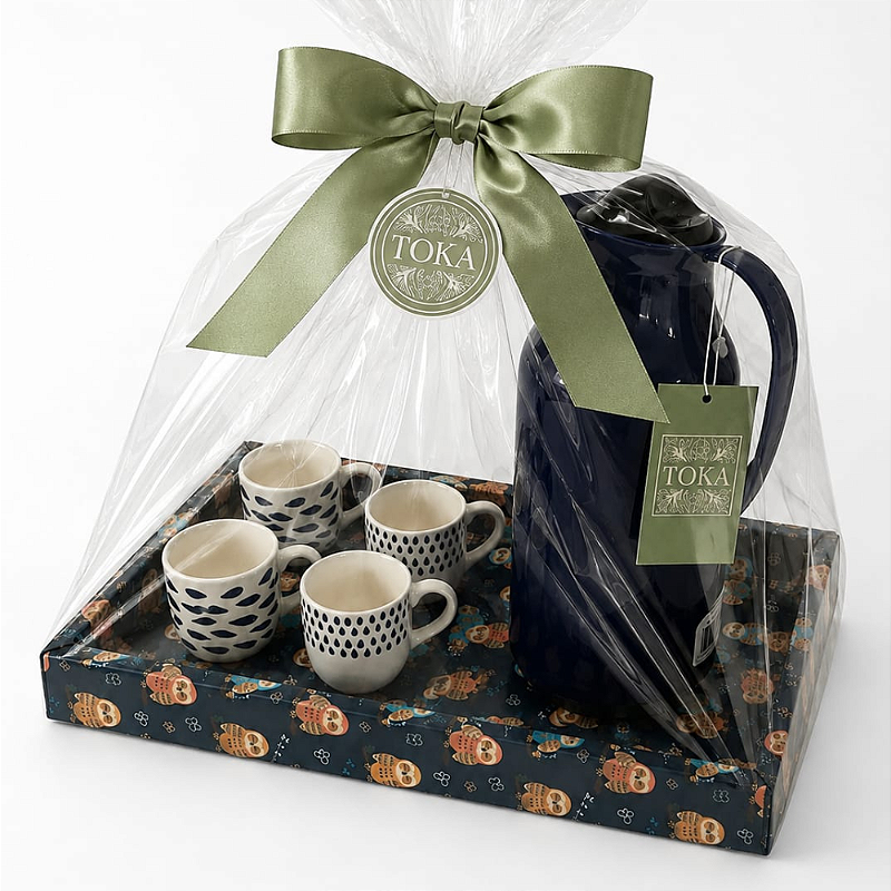 KIT CAFÉ CORUJA - COM GARRAFA TÉRMICA E XÍCARAS | 6 PEÇAS