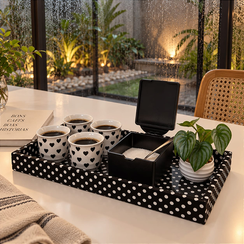 KIT CAFÉ POÁ - COM AÇÚCAREIRO E CANECAS CORAÇÃO PRETO & BRANCO | 8 PEÇAS