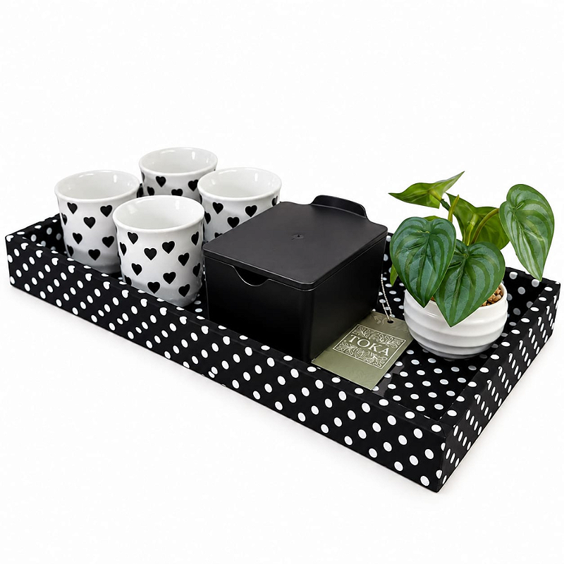 KIT CAFÉ POÁ - COM AÇÚCAREIRO E CANECAS CORAÇÃO PRETO & BRANCO | 8 PEÇAS