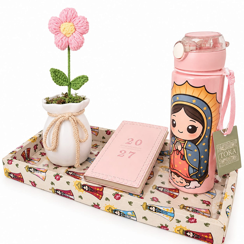 BANDEJA ORGANIZADORA ESCRITÓRIO NOSSA SENHORA - COM GARRAFA SQUEEZE, AGENDA 2027 E VASO DECORATIVO COM FLOR ARTESANAL | 4 PEÇAS