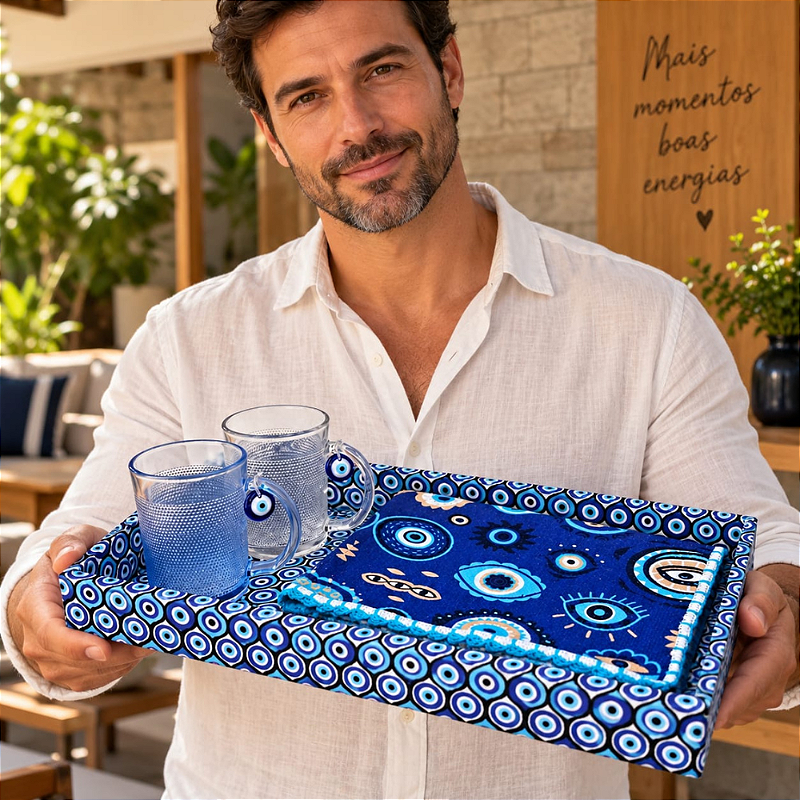 KIT CAFÉ OLHO GREGO - COM 2 CANECAS E TOALHA DE COPA | 4 PEÇAS