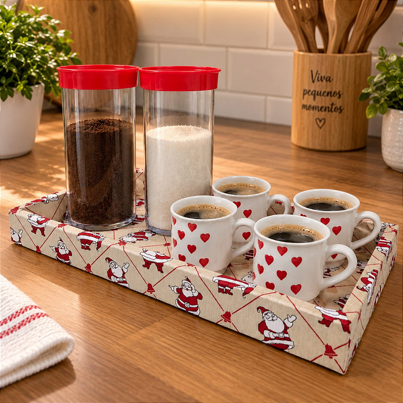 KIT CAFÉ PAPAI NOEL - COM XÍCARAS DE CORAÇÃO E POTES HERMÉTICOS | 7 PEÇAS