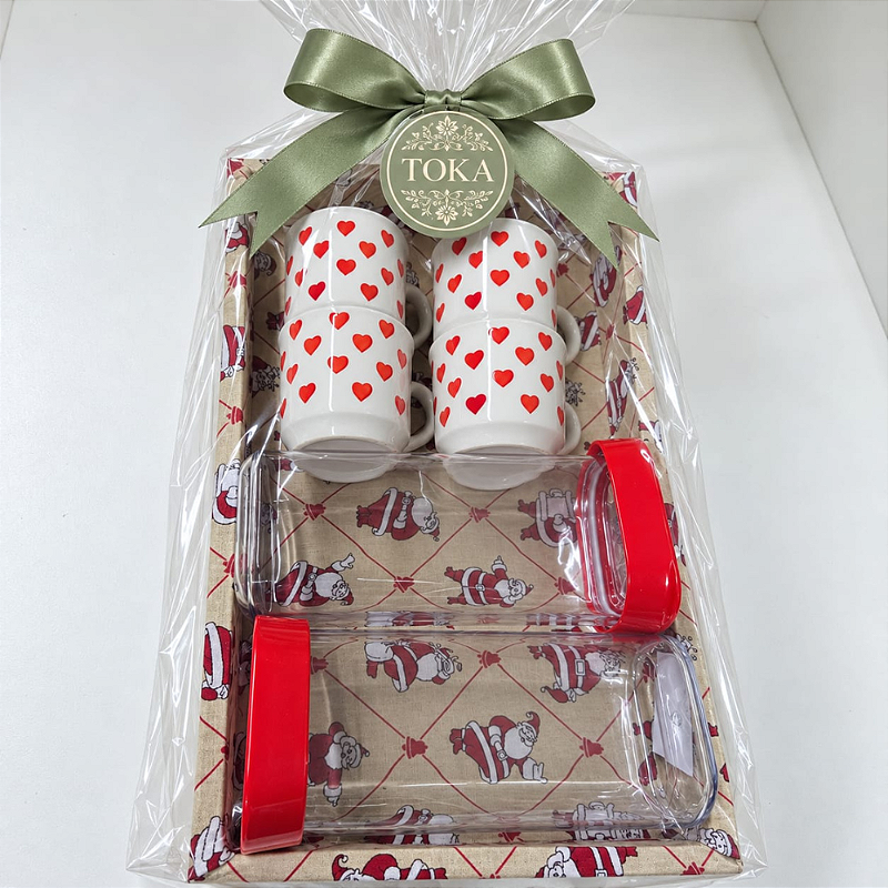 KIT CAFÉ PAPAI NOEL - COM XÍCARAS DE CORAÇÃO E POTES HERMÉTICOS | 7 PEÇAS
