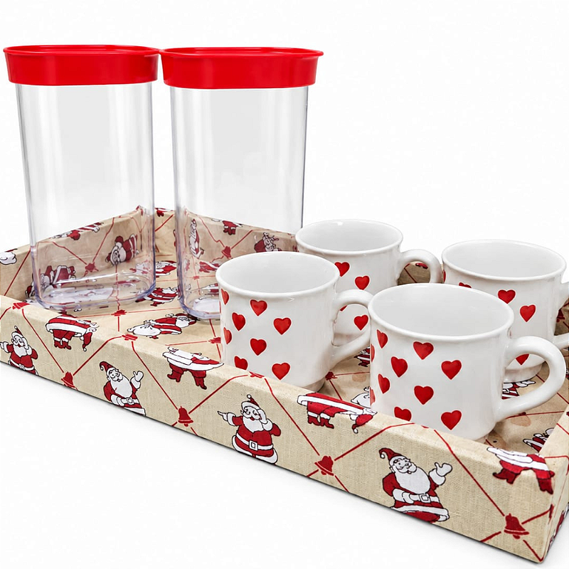 KIT CAFÉ PAPAI NOEL - COM XÍCARAS DE CORAÇÃO E POTES HERMÉTICOS | 7 PEÇAS