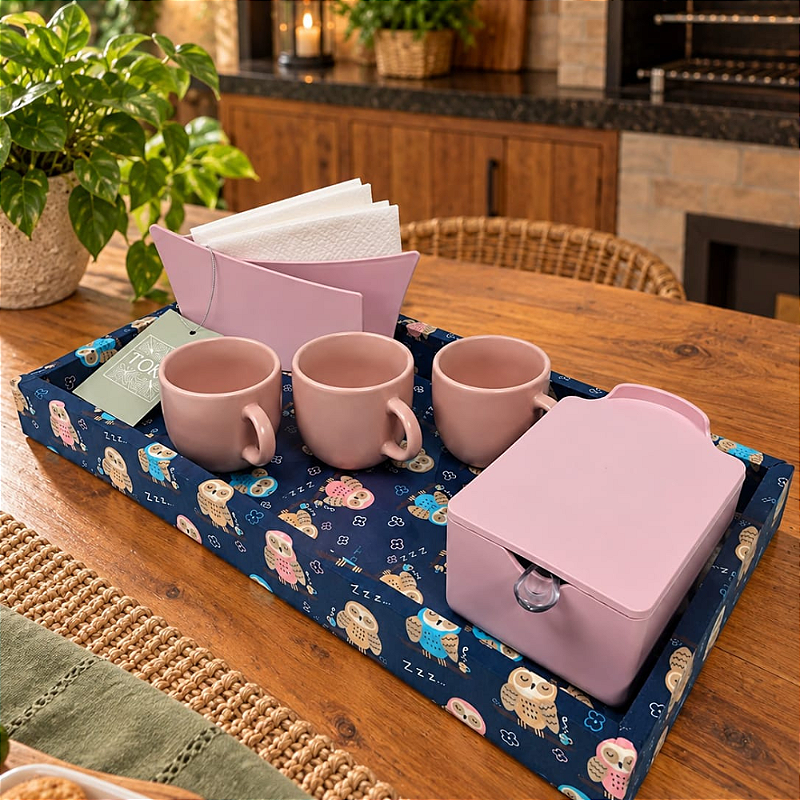 KIT CAFÉ CORUJA - COM XÍCARAS ROSÊ, AÇUCAREIRO E PORTA GUARDANAPOS | 6 PEÇAS