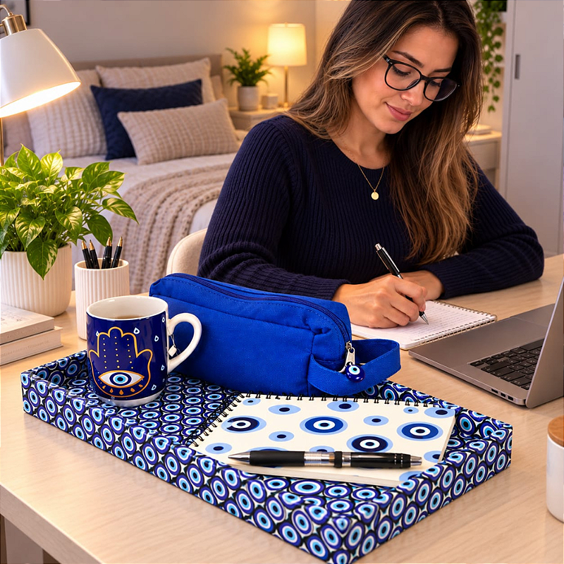 BANDEJA ORGANIZADORA ESCRITÓRIO OLHO GREGO - COM ESTOJO, CADERNO, CANETA E CANECA | 5 PEÇAS