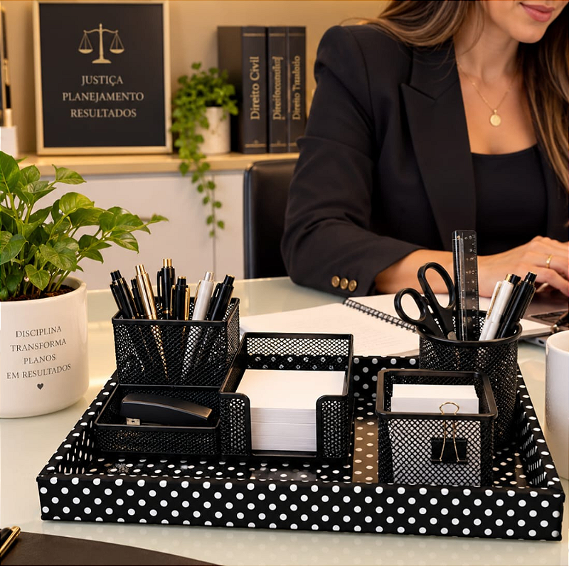 BANDEJA ORGANIZADORA ESCRITÓRIO - COM PORTA LÁPIS, PORTA TRECO E CANETAS | 4 PEÇAS