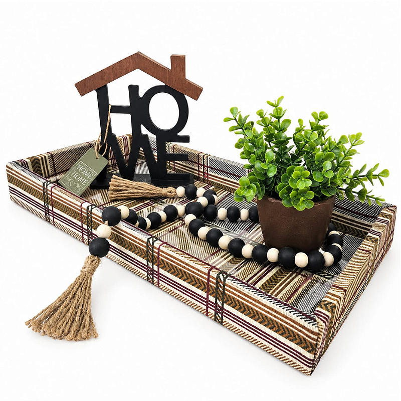 KIT DECORATIVO PARA SALA HOME - BANDEJA, VASO COM PLANTA, COLAR DE MESA E PEÇA EM MADEIRA HOME | 4 PEÇAS