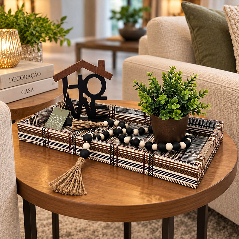 KIT DECORATIVO PARA SALA HOME - BANDEJA, VASO COM PLANTA, COLAR DE MESA E PEÇA EM MADEIRA HOME | 4 PEÇAS